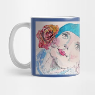 Girl with a Red Rose and Blue Beret Watercolor Mug